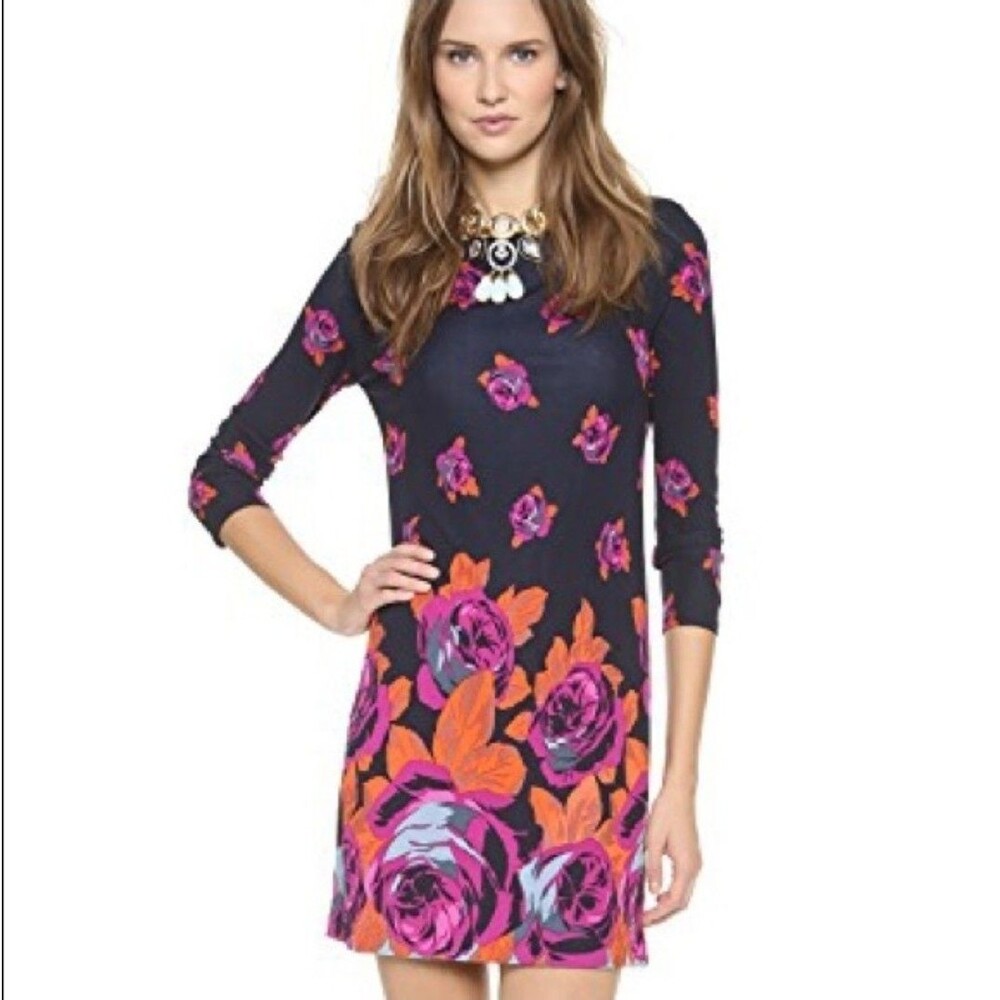 Juicy Couture Pink Floral Black Mini Dress Size XS 3/4 Sleeve Made In USA
